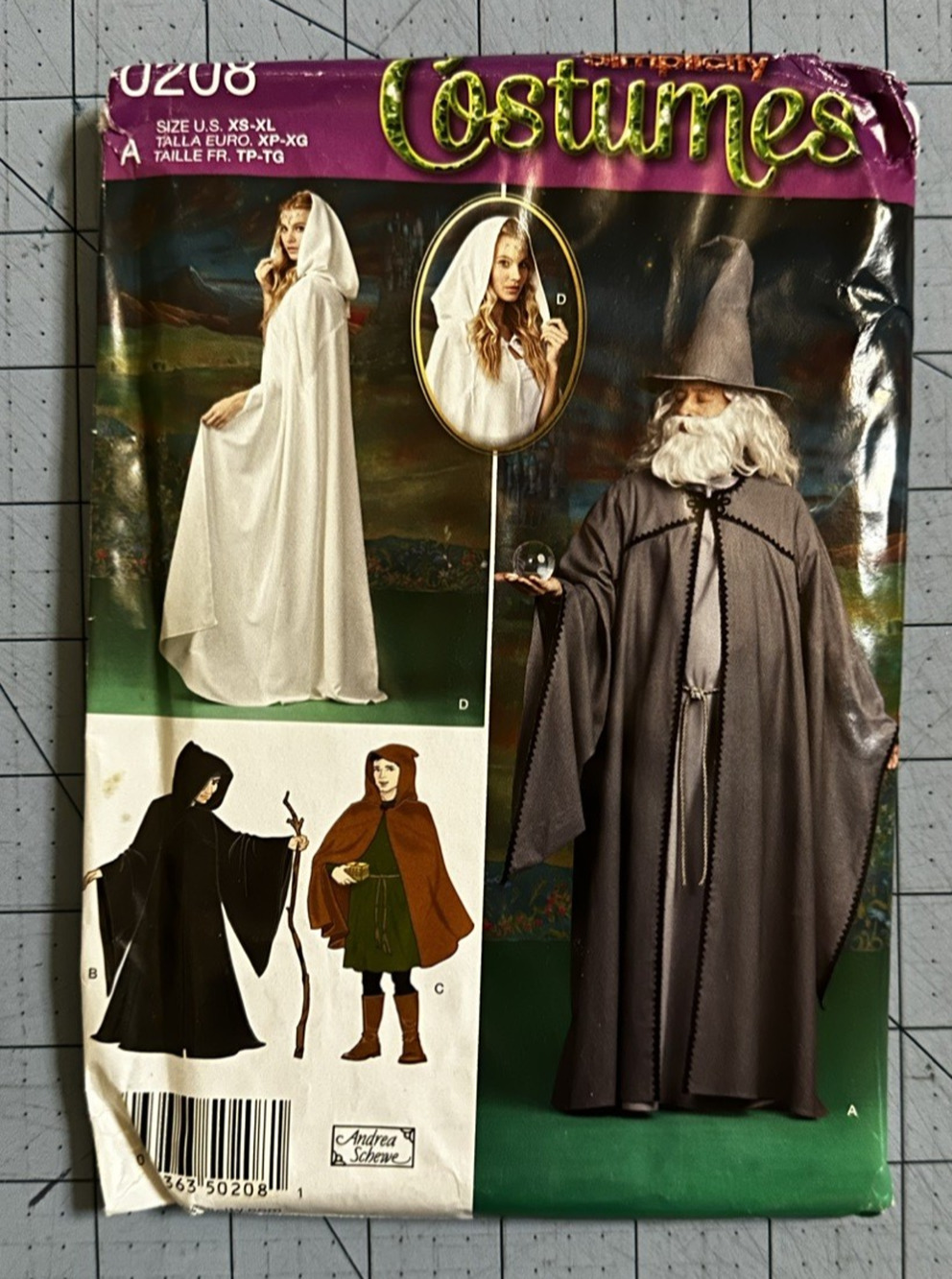 SIMPLICITY 0208 Costume Pattern Unisex Adult Teen XS-XL Cape Tunic Hat Wizard FF
